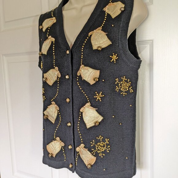 Reference Point Christmas Vest, Black, Gold appliques & beads, Jingling bells! - Picture 6 of 15